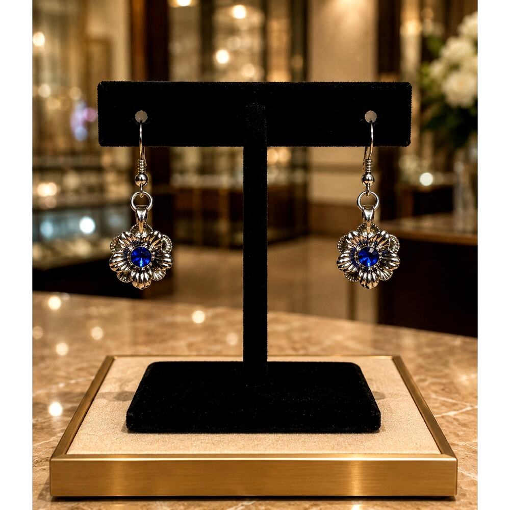 S. Fiori Blue Rhinestone Flower Dangle Earrings Silver Tone Floral Signed